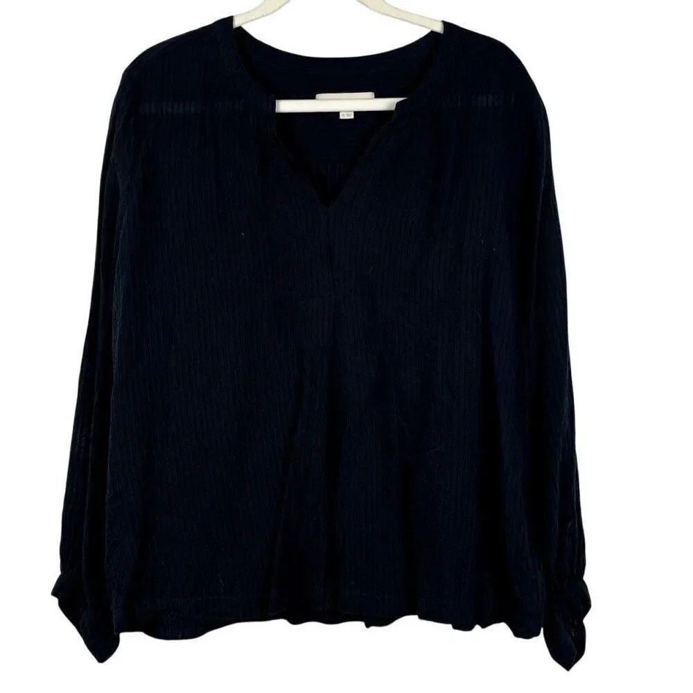 Loft Striped Textured Black Notched V-neck Top XL